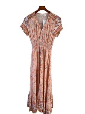 Ruby Sees V Neck Button Front Maxi dress Peach Floral Print